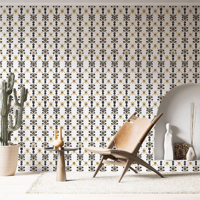 Foto Behang bloemig elegant | Geometrisch patroon met gouden en blauwe bloemen op een witte achtergrond