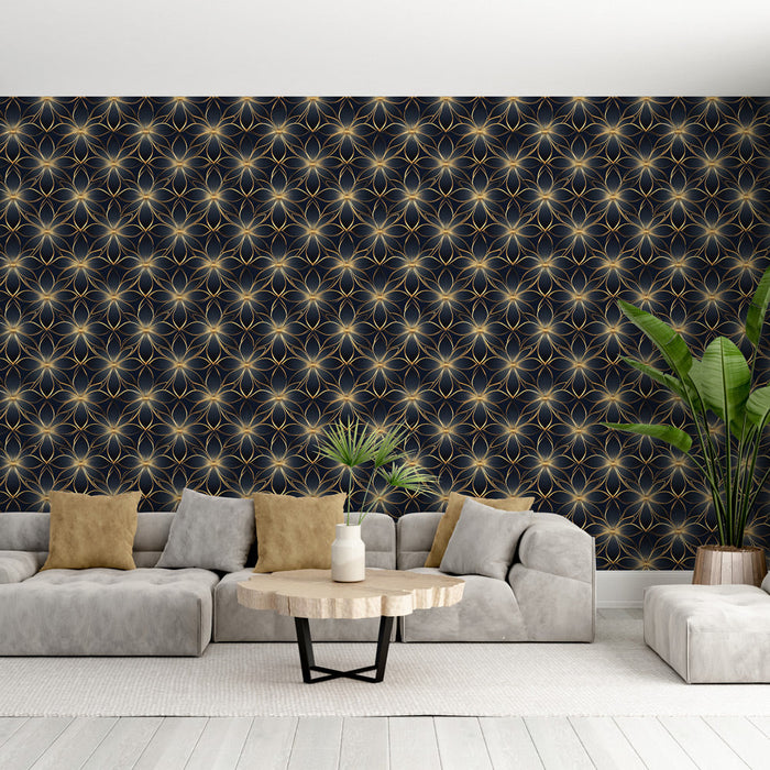 Tapete τοιχογραφίας λουλουδιών | Βελούδινο σχέδιο με χρυσά λουλούδια σε μαύρο φόντο