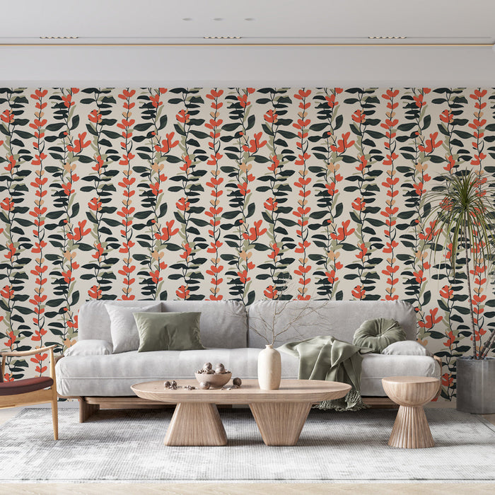 Elegante papel de parede floral | Padrões de folhas vermelhas e flores em um fundo cremoso