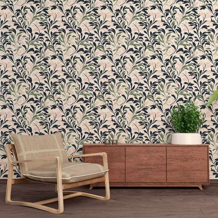 Елегантен цветен тапет | Зелени и черни листни модели на бледорозова основа