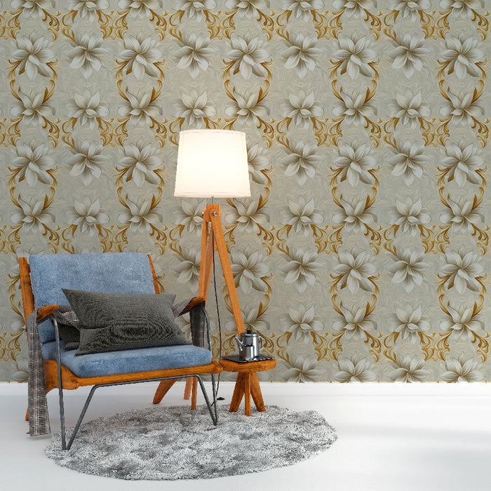 Papel de parede mural floral elegante | Padrões de flores brancas e douradas em um fundo creme