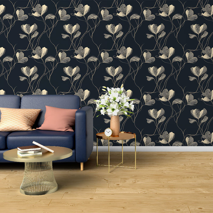 Κομψό Ταπετσαρία τοιχωμάτων με λουλούδια | Μοτίβα λουλουδιών σε σκούρο φόντο