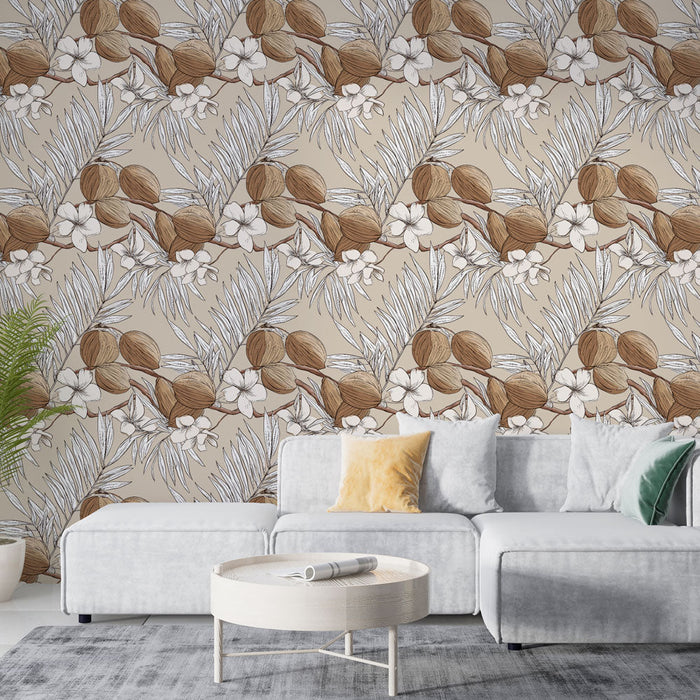 Elegante Papel de Parede Mural | Padrões de frutas e flores em fundo bege