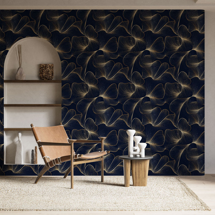 Elegante florale Tapete | Goldene Blumenmuster auf dunkelblauem Hintergrund