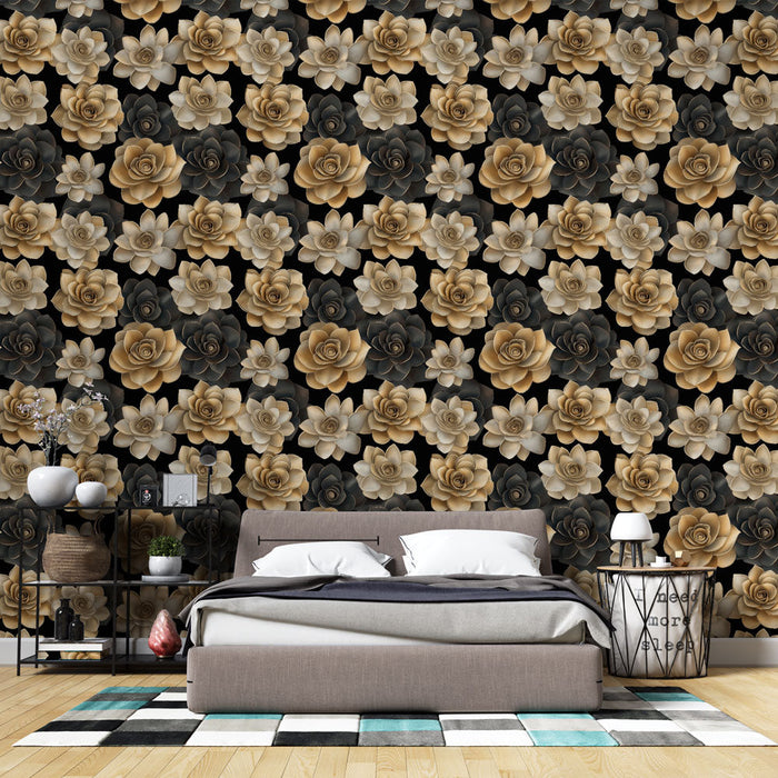 Elegáns virágos tapéta | Arany és fekete rózsák sötét háttéren