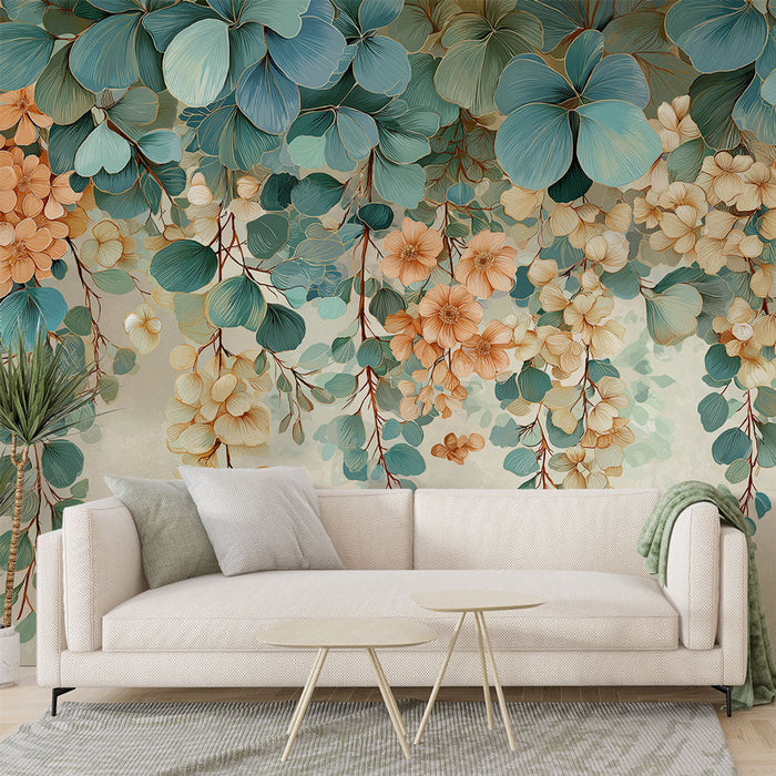 Fototapet floral | Elegante blader og delikate blomster i turkise og oransje toner
