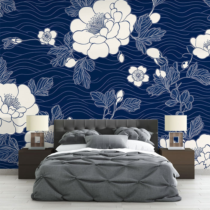 Mural Wallpaper floral | Elegant white flowers on navy blue background