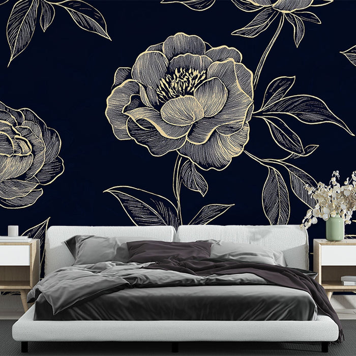 Tapet floral | Elegante gyldne pæoner på midnatsblå baggrund