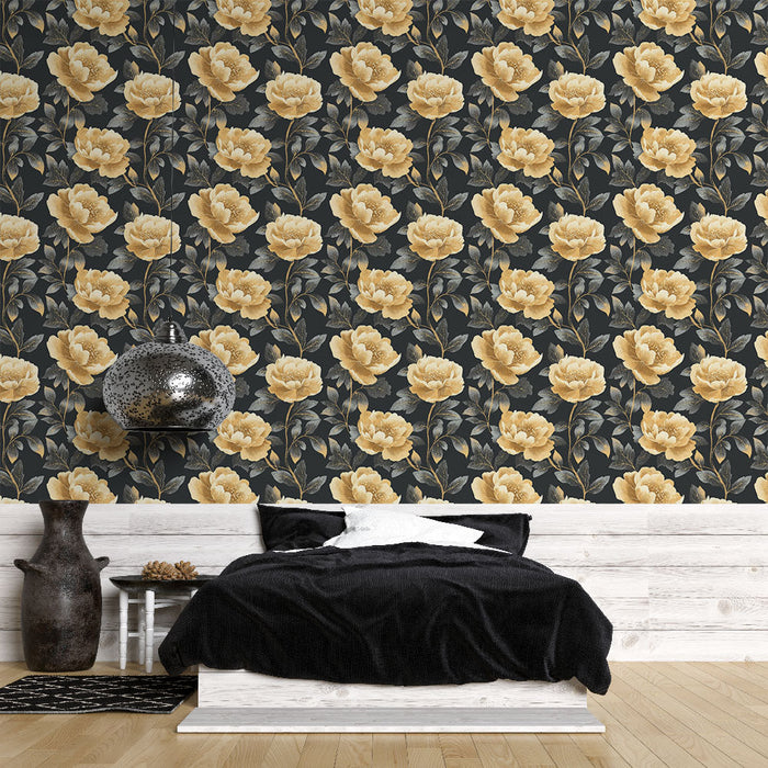 Tapeta květinová | Elegantní zlaté pivoňky na tmavém pozadí