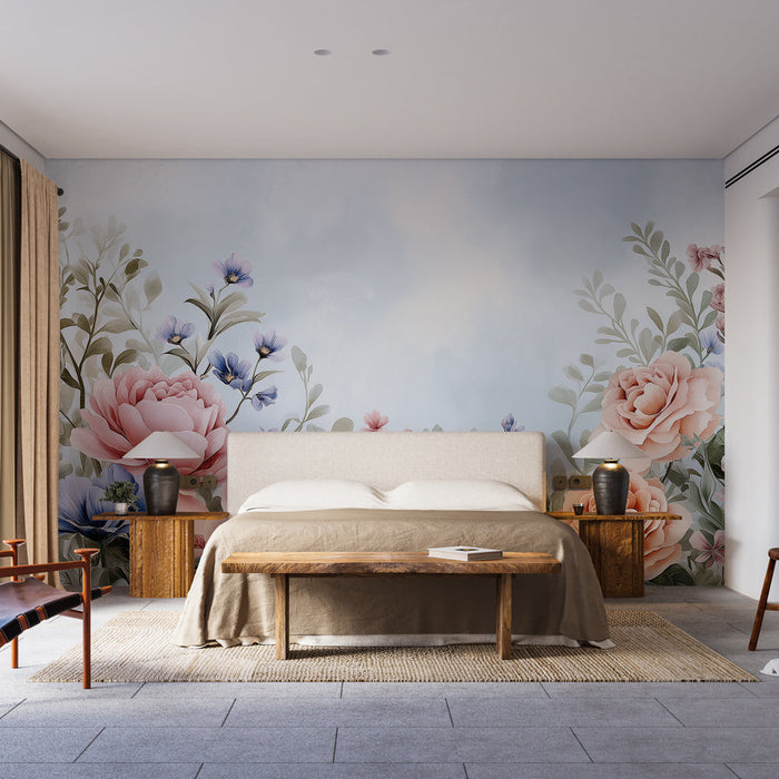 Carta da parati murale floreale | Rose eleganti e fiori pastello su sfondo morbido