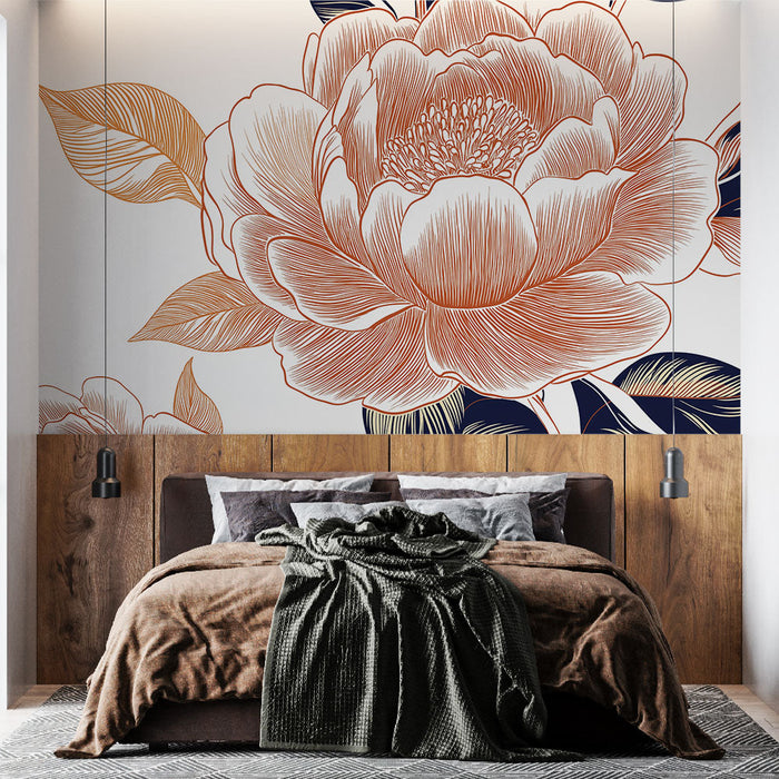 Mural Wallpaper floral | Elegant peony pattern in golden lines