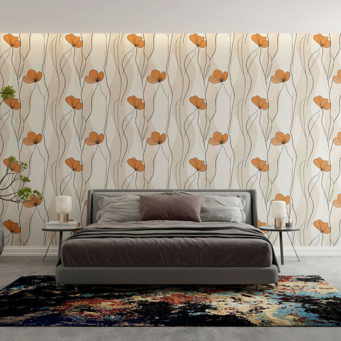 Fototapet blomstret | Orange blomsterlementer på en blød cremet baggrund