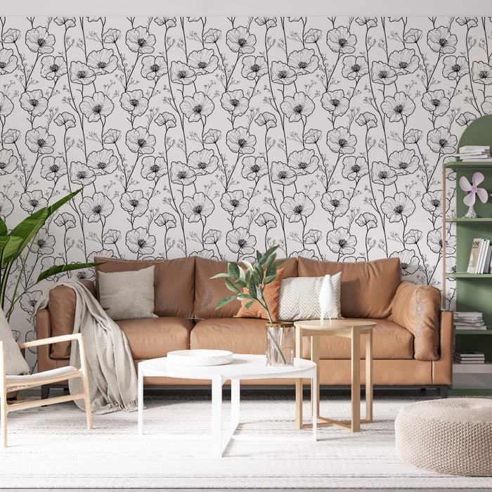 Tapet mural floral în negru și alb | Model delicat de flori pe un fundal alb