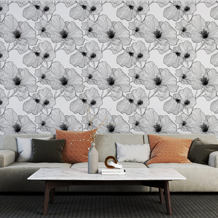 Floral Mural Wallpaper in black and white | Elegant pattern of delicate flowers on a white background