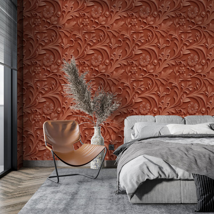 Floral embossed wallpaper | Complex patterns of flowers and leaves in terracotta shades
Флорален релефен тапет | Сложни модели на цветя и листа в теракотни нюанси