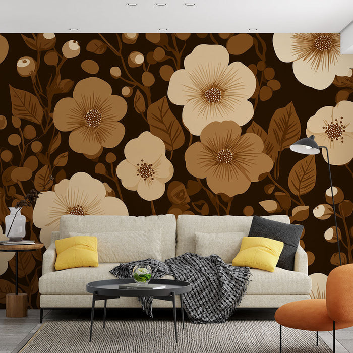 Květinový tapetový mural v zemitých tónech | Květinové a bobulové vzory na hnědém pozadí