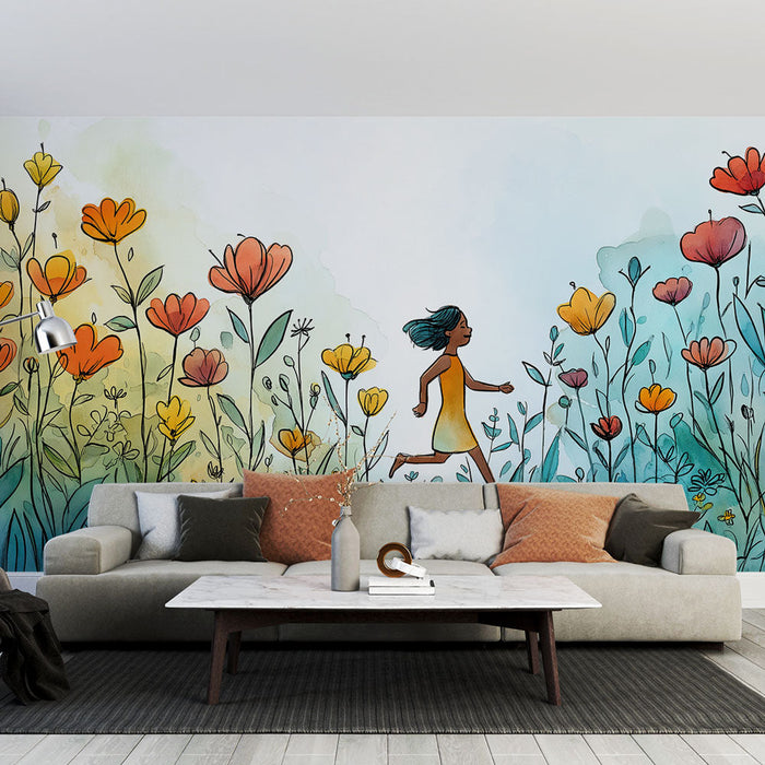 Tapete Blumenkinder | Ein kleines Mädchen, das durch ein Feld bunter Blumen läuft
