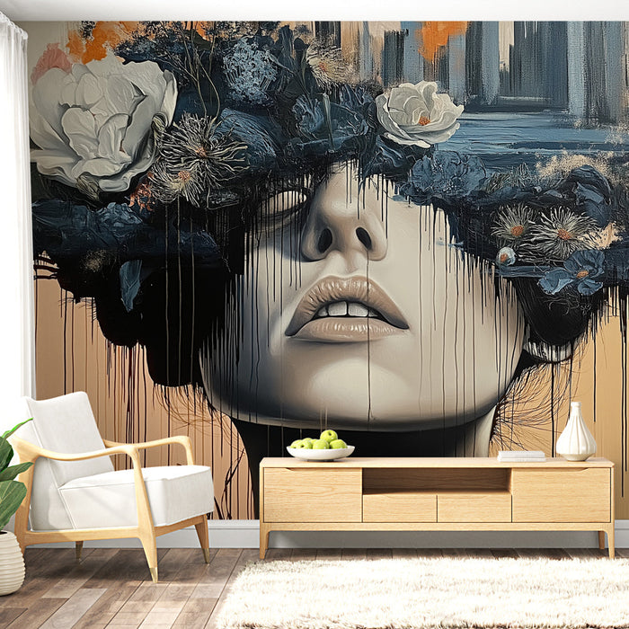 Mural Wallpaper floral and abstract | Female face adorned with flowers and bright colors