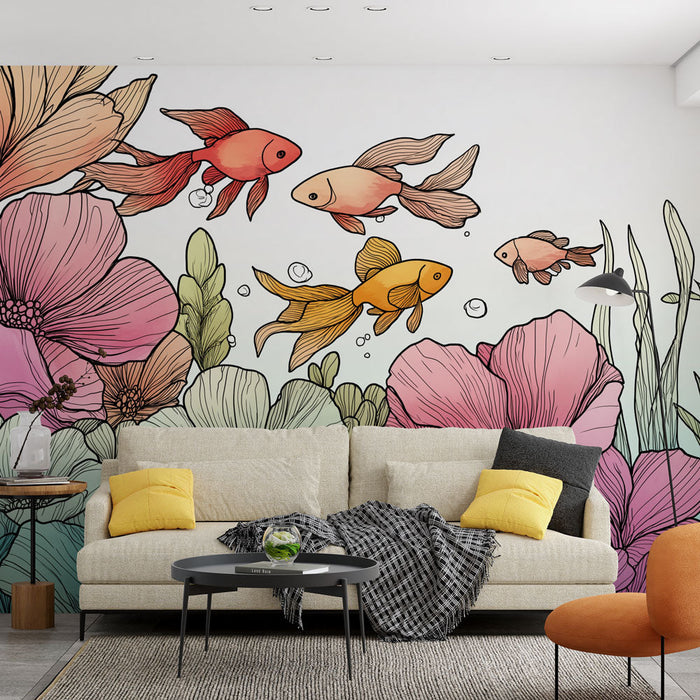 Tapeta květinová a vodní | Zlaté ryby mezi barevnými květy