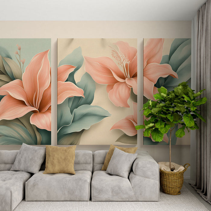 Mural Wallpaper floral | Amazing peach flowers with green leaves