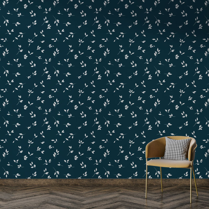 Mural Wallpaper floral | White leaves on deep blue background