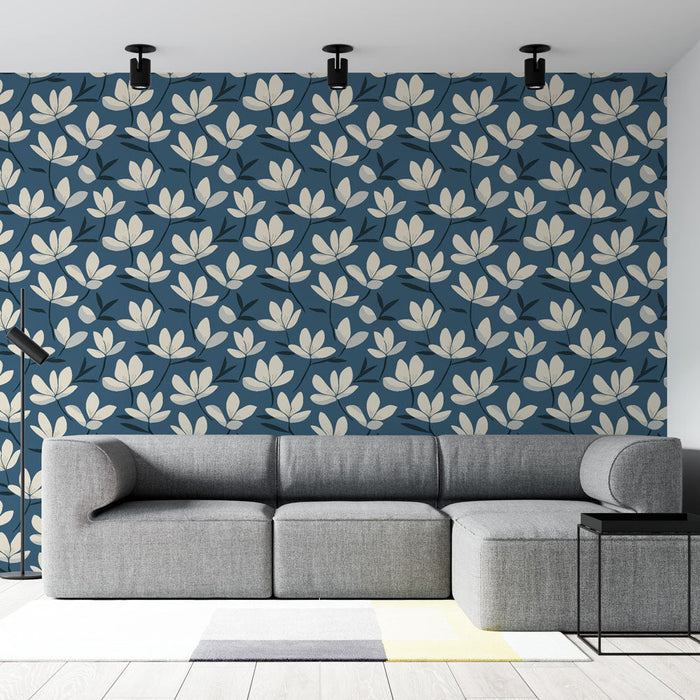 Papel pintado floral | Flor blanca sobre fondo azul marino
