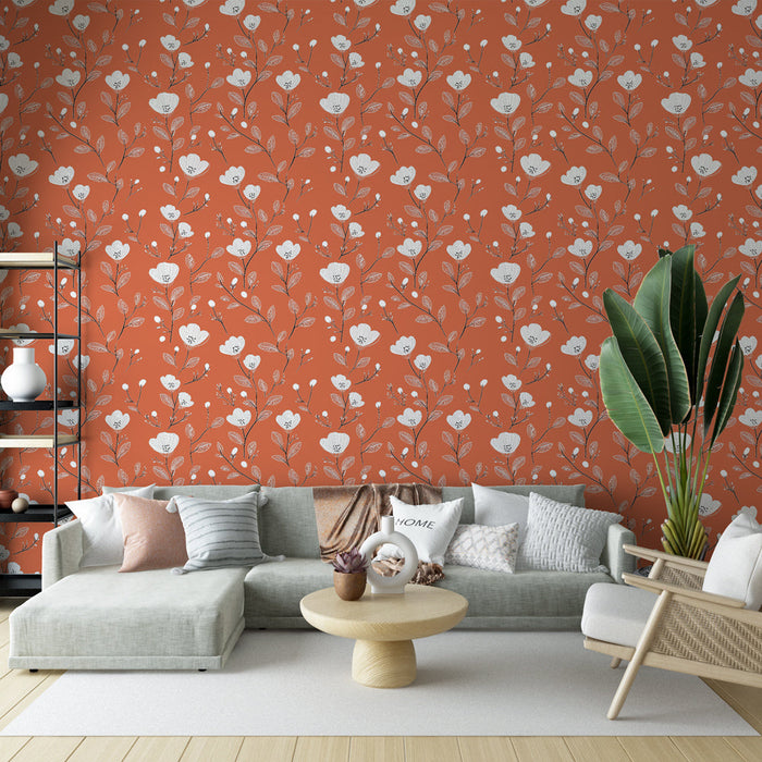 Ταπετσαρία με τοπίο λουλουδιών | Απαλά λευκά λουλούδια σε τερακότα φόντο