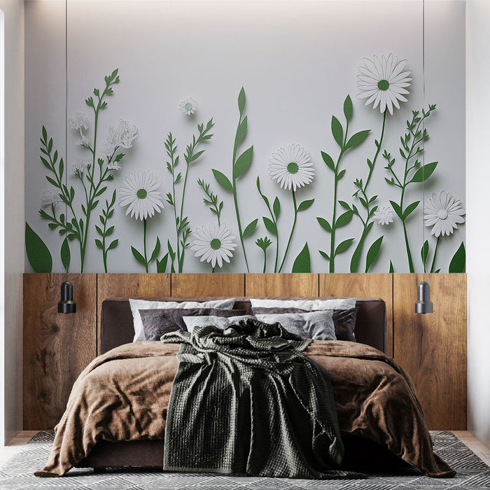 Cvetlična tapeta | Bele rože v papirnem izrezu z zelenim listjem