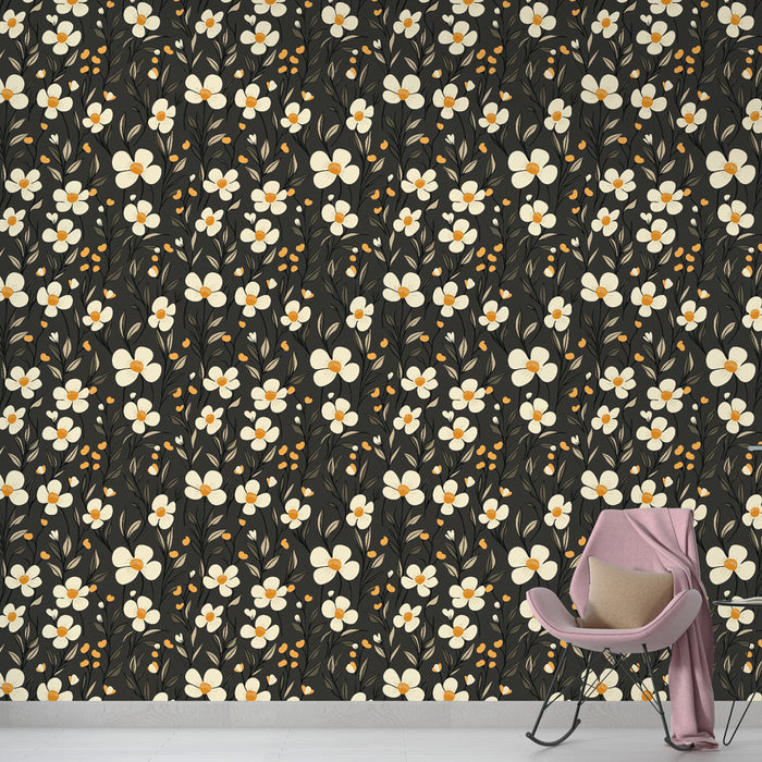 Tapet mural floral | Flori albe și frunze pe un fundal închis