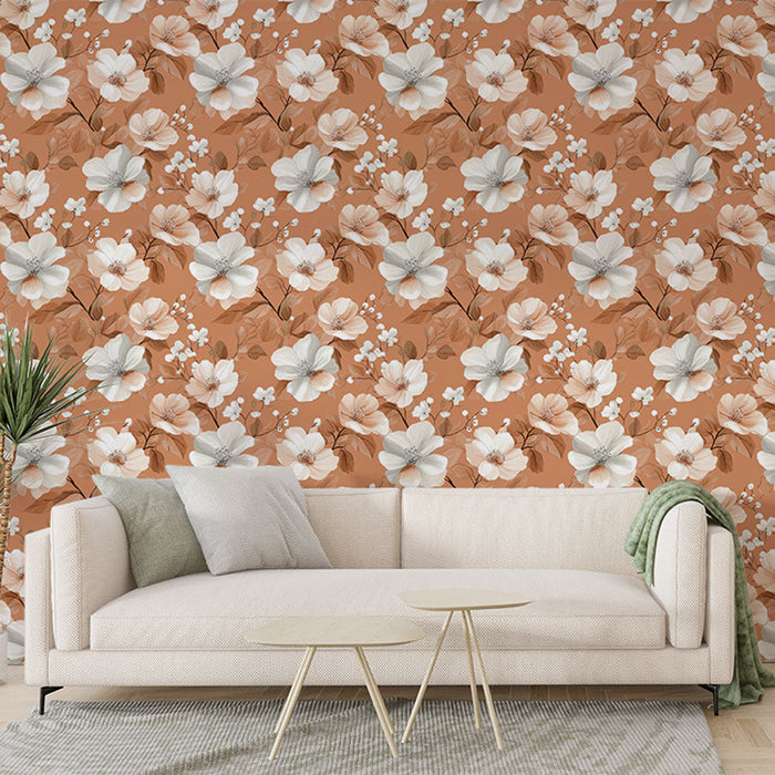 Fototapete floral | Weiße und rosa Blumen auf terrakottafarbenem Hintergrund