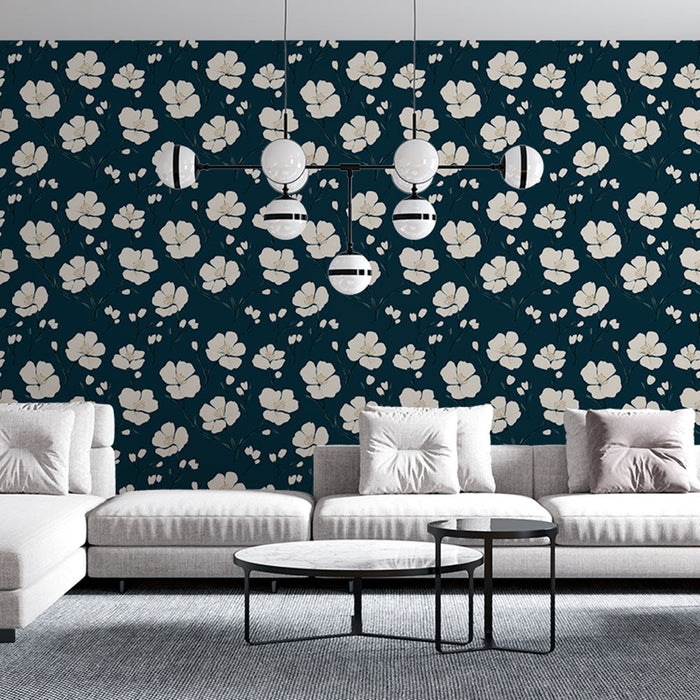Mural Wallpaper floral | White flowers on deep navy blue background