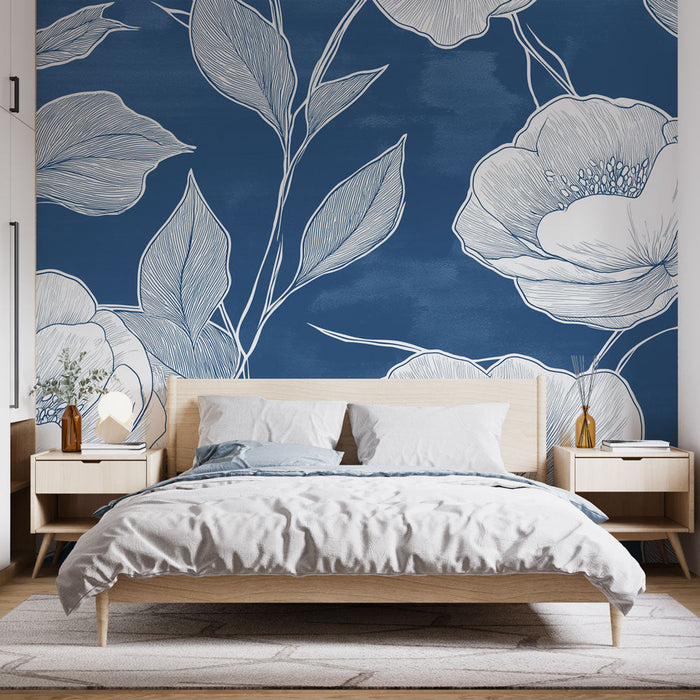 Seinapiltapeet | Valged lilled sügaval sinisel taustal