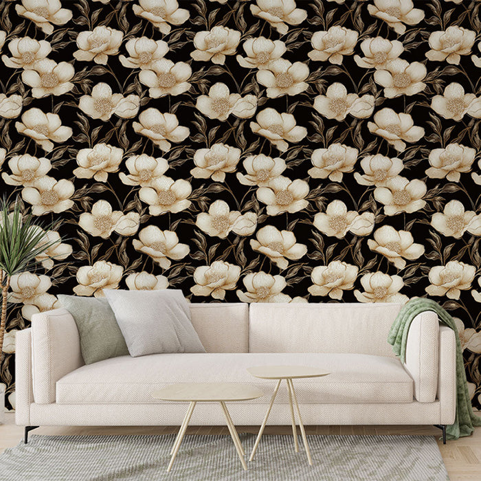 Ταπετσαρία τοιχογραφίας λουλούδια | Λευκά λουλούδια σε μαύρο φόντο