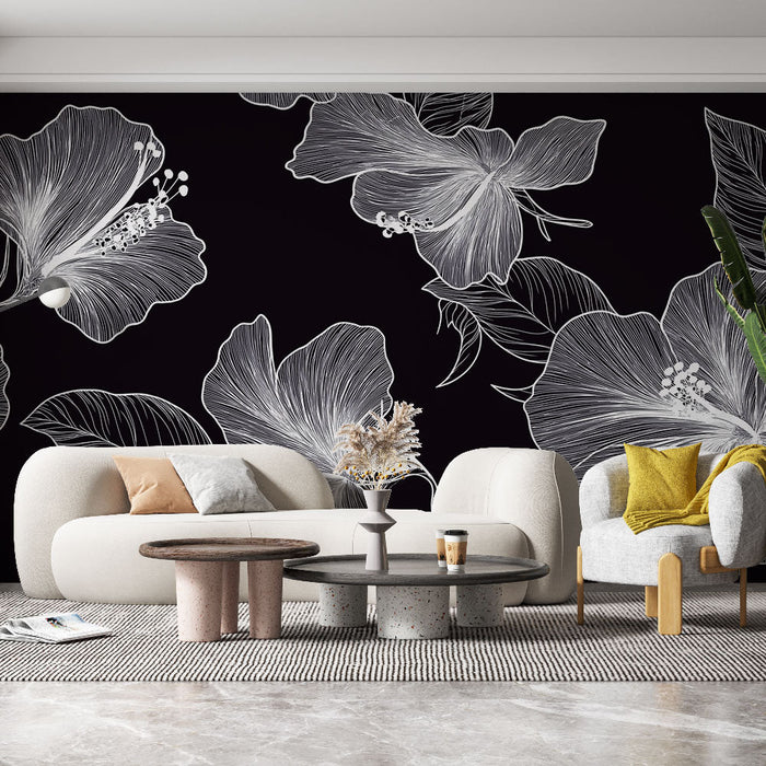 Mural Tapet floral | Hvite blomster på elegant svart bakgrunn