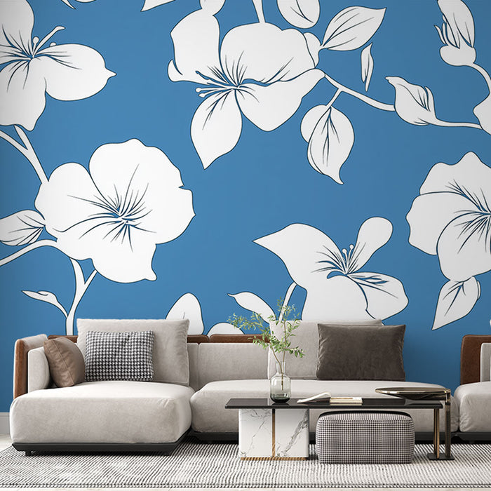 Papel pintado floral | Flores blancas sobre bonito fondo azul