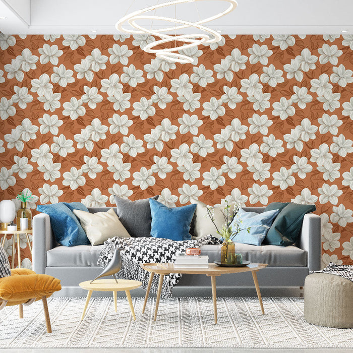 Tapete τοιχογραφίας floral | Λευκά λουλούδια σε μαλακό τερακότα φόντο
