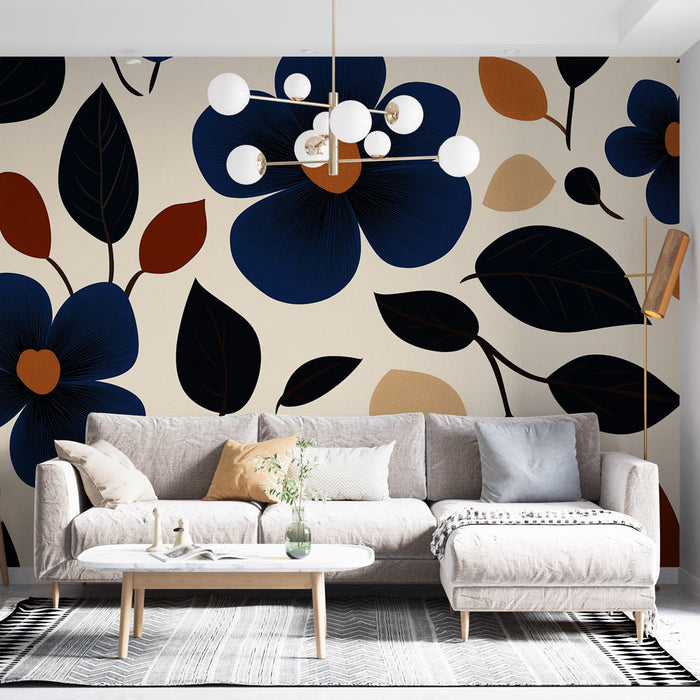 Fototapet floral | Blå blomster og elegante blader på en myk bakgrunn