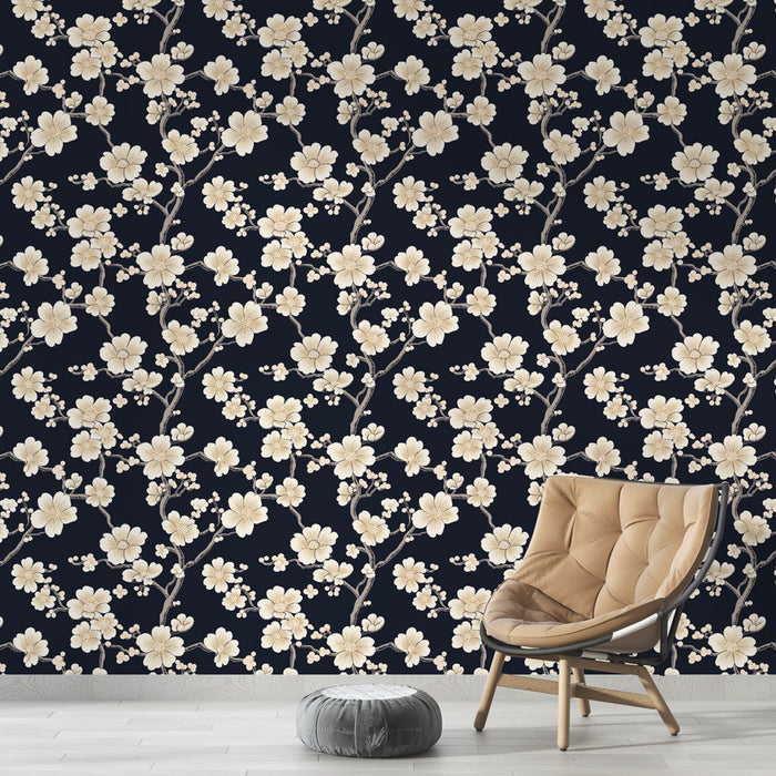 Tapete с цветя | Крем цветя на тъмносин фон за изтънчена атмосфера