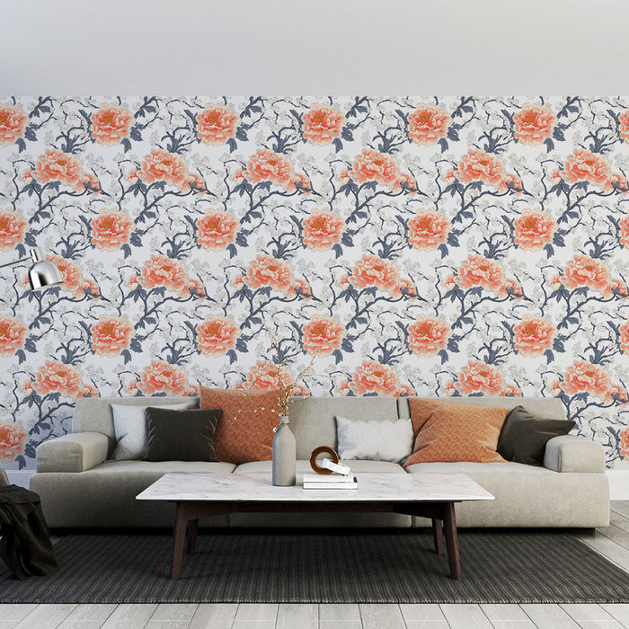 Mural Wallpaper floral | Coral peony flowers on a soft background