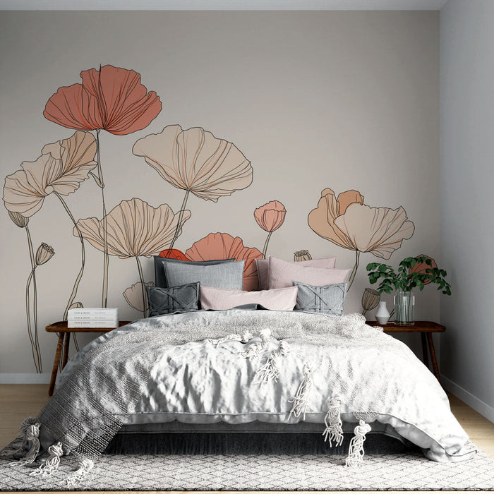 Fototapet floral | Delikate blomster i pastelfarver på en lys baggrund