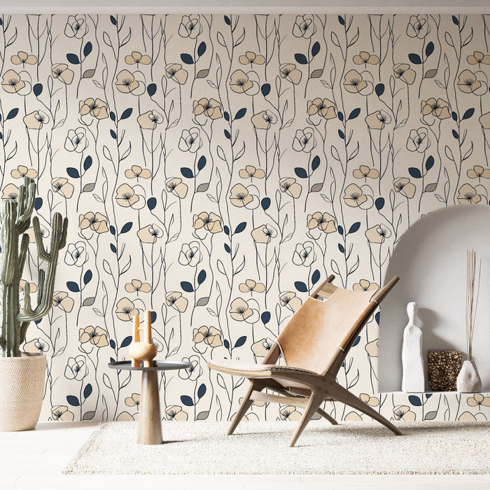 Floral Mural Wallpaper | Delicate flowers in beige and black on a cream background
Foto Behang met Bloemen | Delicate bloemen in beige en zwart op een crème achtergrond