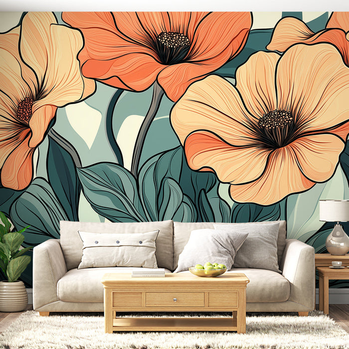 Ταπετσαρία τοιχογραφίας floral | Λεπτά λουλούδια σε αποχρώσεις πορτοκαλί και πράσινου