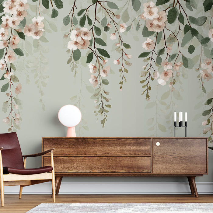 Fototapet blomstret | Delikate blomster og beroligende løv på en grøn baggrund