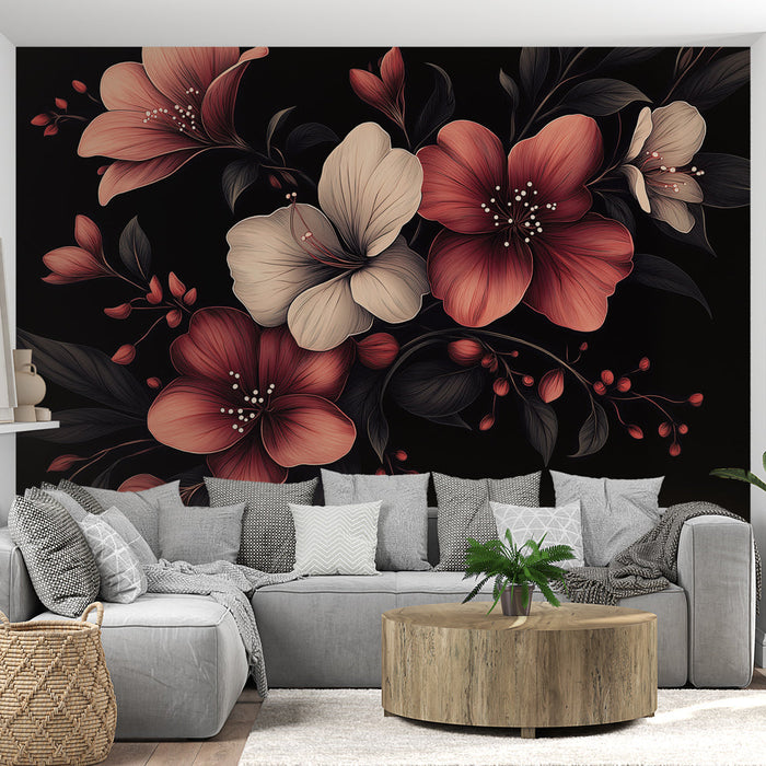 Mural Wallpaper | Svijetlo cvijeće na crnoj pozadini