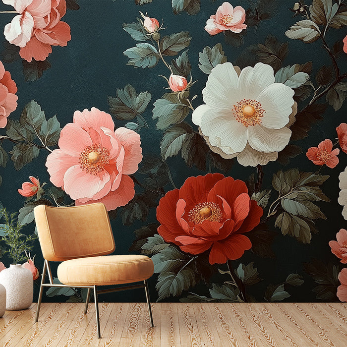 Mural Wallpaper floral | Lyse blomster på en mørk bakgrunn