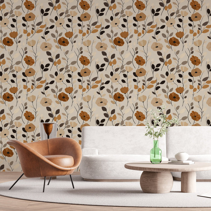 Tapeta floralna | Kwitnące kwiaty na beżowym tle z nutami brązu i czerni