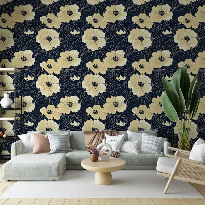 Papel de parede mural floral | Flores amarelas em um fundo azul meia-noite