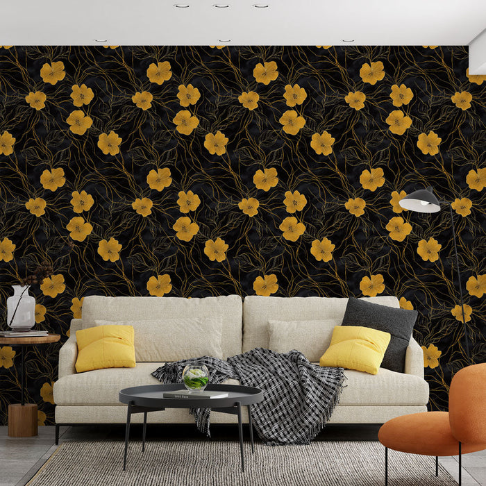 Papel de parede floral | Flores amarelas em elegante fundo preto
