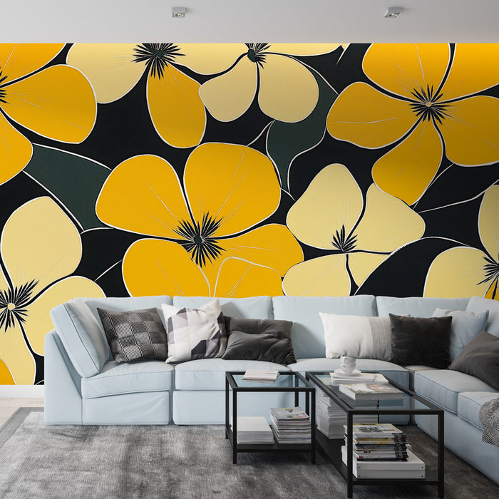 Tapet floral | Gula blommor på stiliserad svart bakgrund