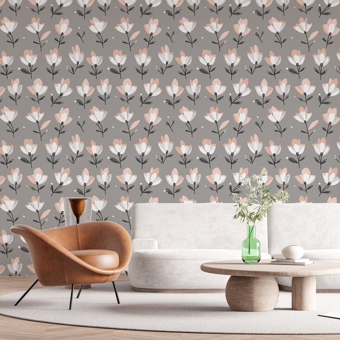 Tapete μουράλ φλοράλ | Παστέλ λουλούδια σε ένα ζεστό γκρι φόντο